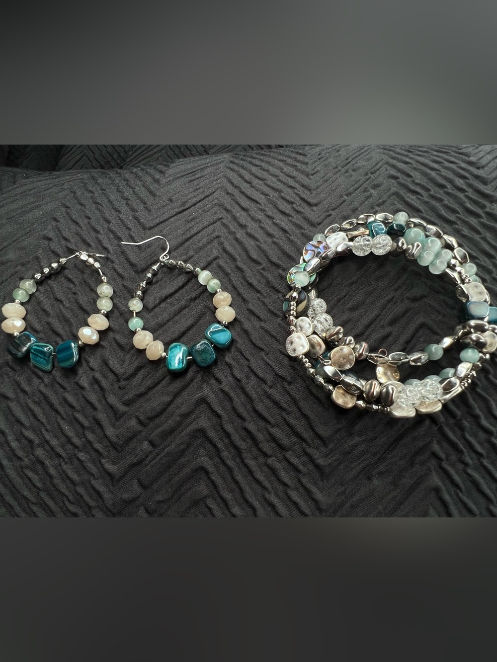 Handcrafted Teal and Silver Beaded Set of Hoop Earrings and Bracelet Jewelry